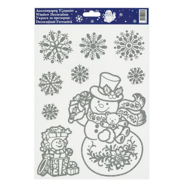 Karácsonyi dekoratív matricák Hóember hópehely csillogó ezüst 30x20cm