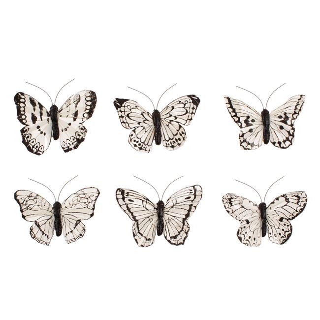 Dekoratív pillangók fehér/fekete 9cm - 6db