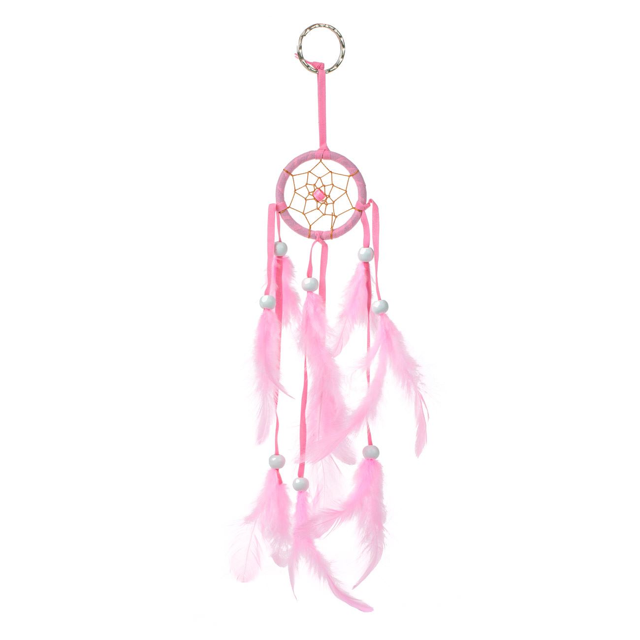 Talizmán dekoratív álomfogó kulcstartó rózsaszín tollakkal és fehér fagyöngyökkel, 5x23cm