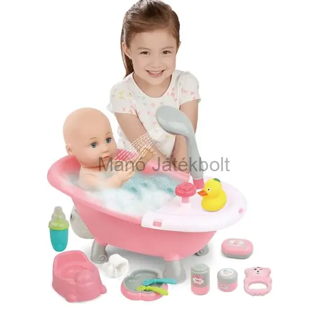 Pisilős baba fürdőkádban, kiegészítőkkel