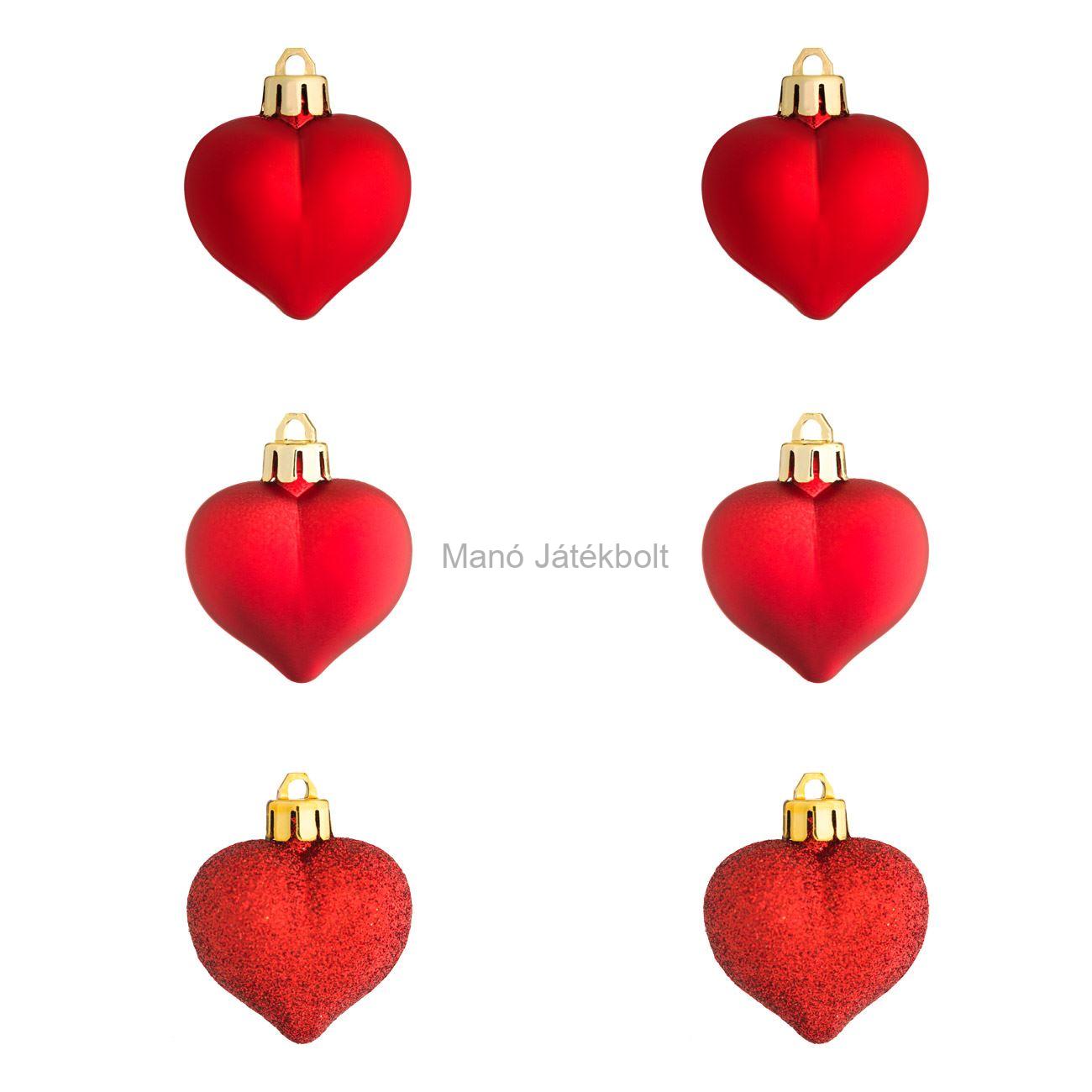 6 db Piros szív karácsonyfa dísz 