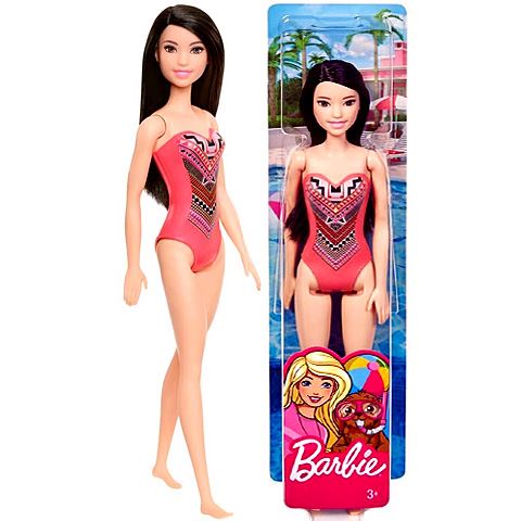 Mattel Beach Barbie baba mintás korallszínű fürdőruhában