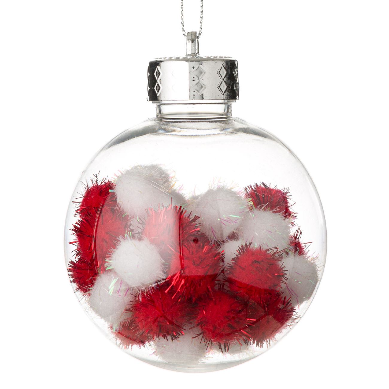 Karácsonyi gömb Piros/ Fehér Pom Pommal 8 cm 