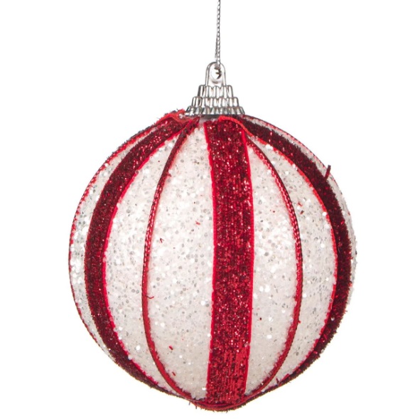 Karácsonyfa gömb dísz  White Red Csíkos Glitter 8 cm