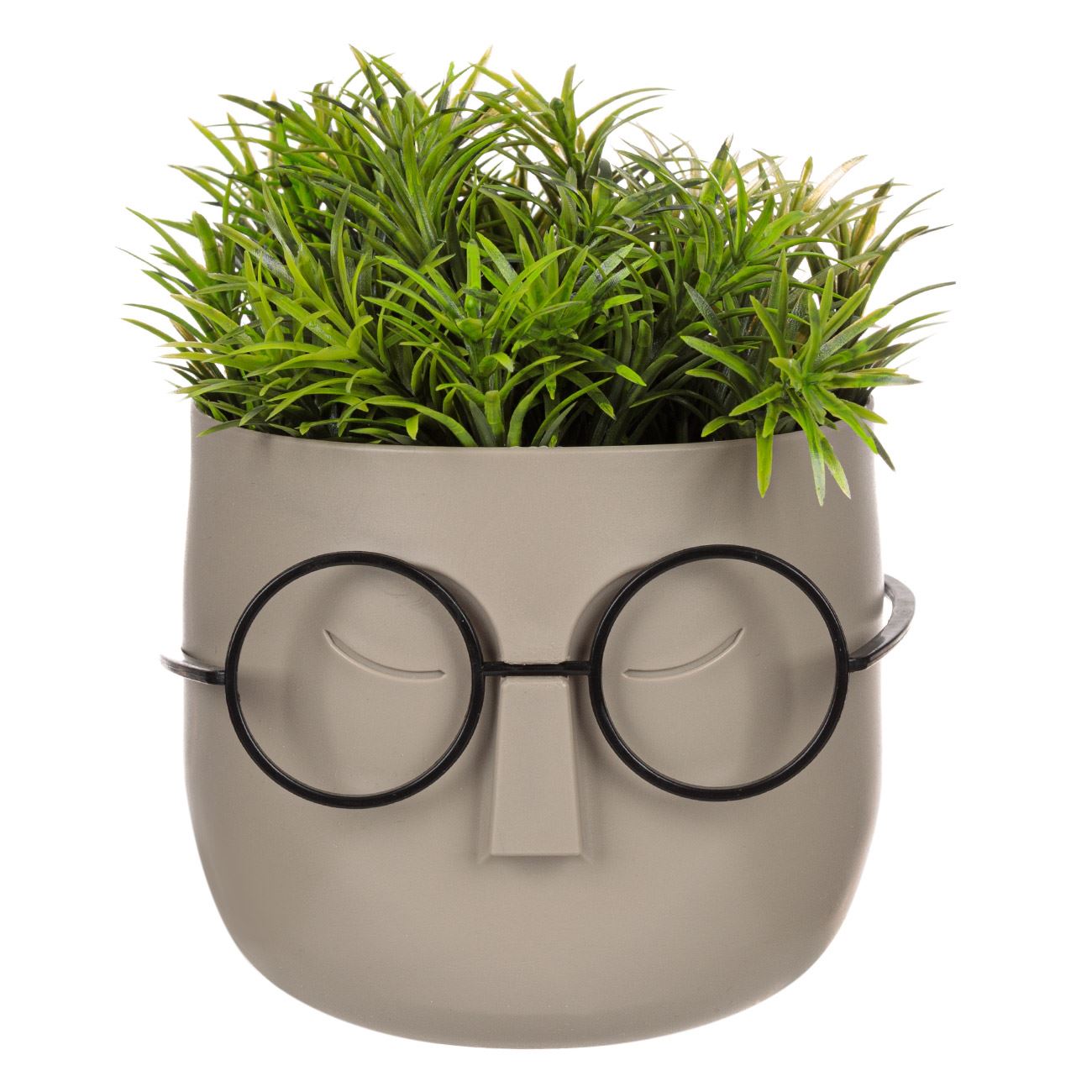 Virágcserép bézs arc szemüveggel, műnövény 11x11x14 cm