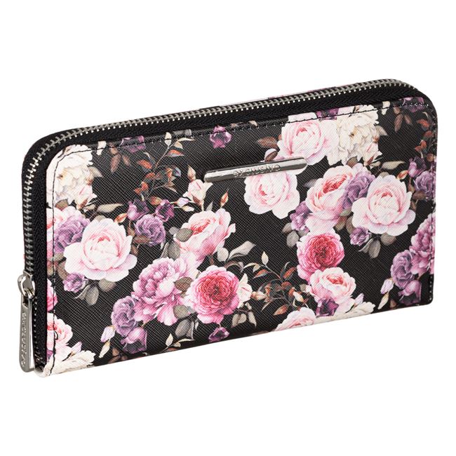 Női utazási pénztárca fekete virágos 19,5x11 cm