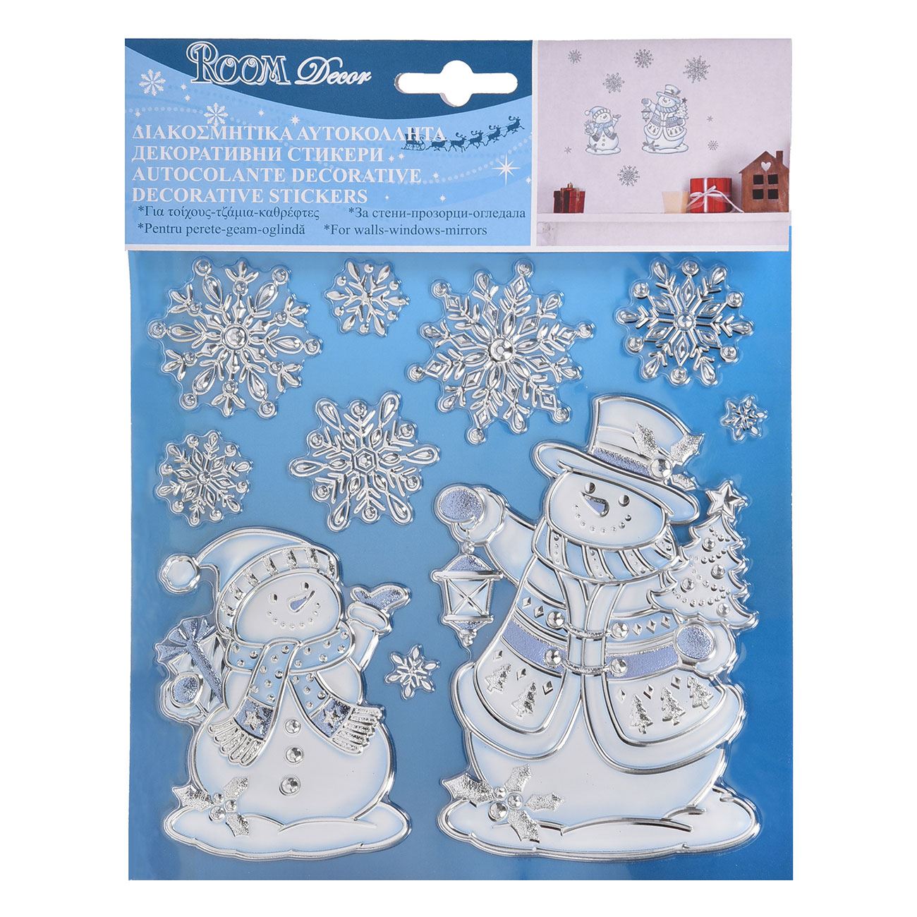 Karácsonyi matricák Dekoratív pelyhek Fehér Ezüst csillogás 18x18 cm