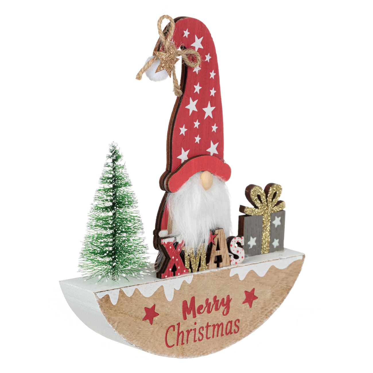 Karácsonyi dekoratív fa dísz Mikulás gnóm fenyővel & Ajándék 18cm