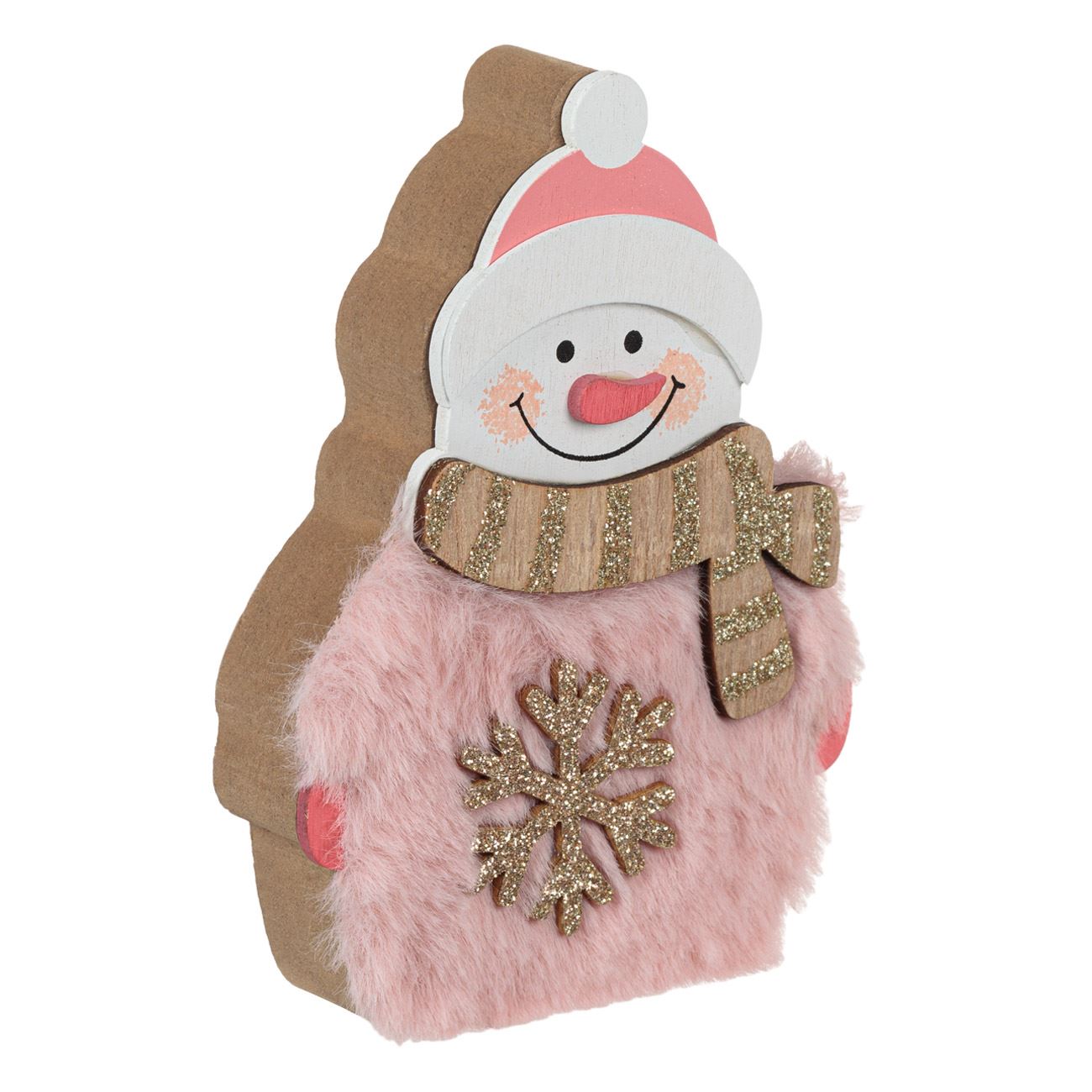 Fa hóember dísz rózsaszín szőrme pezsgővel csillogó hópehely 13cm