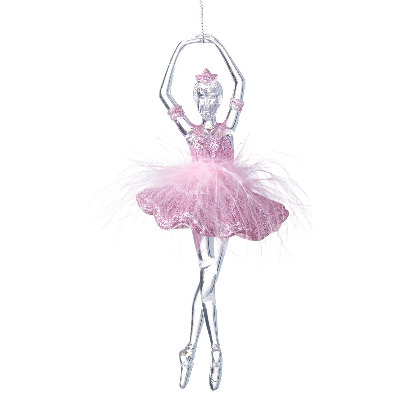 Karácsonyfa dísz balerina átlátszó rózsaszín csillogó toll 18cm