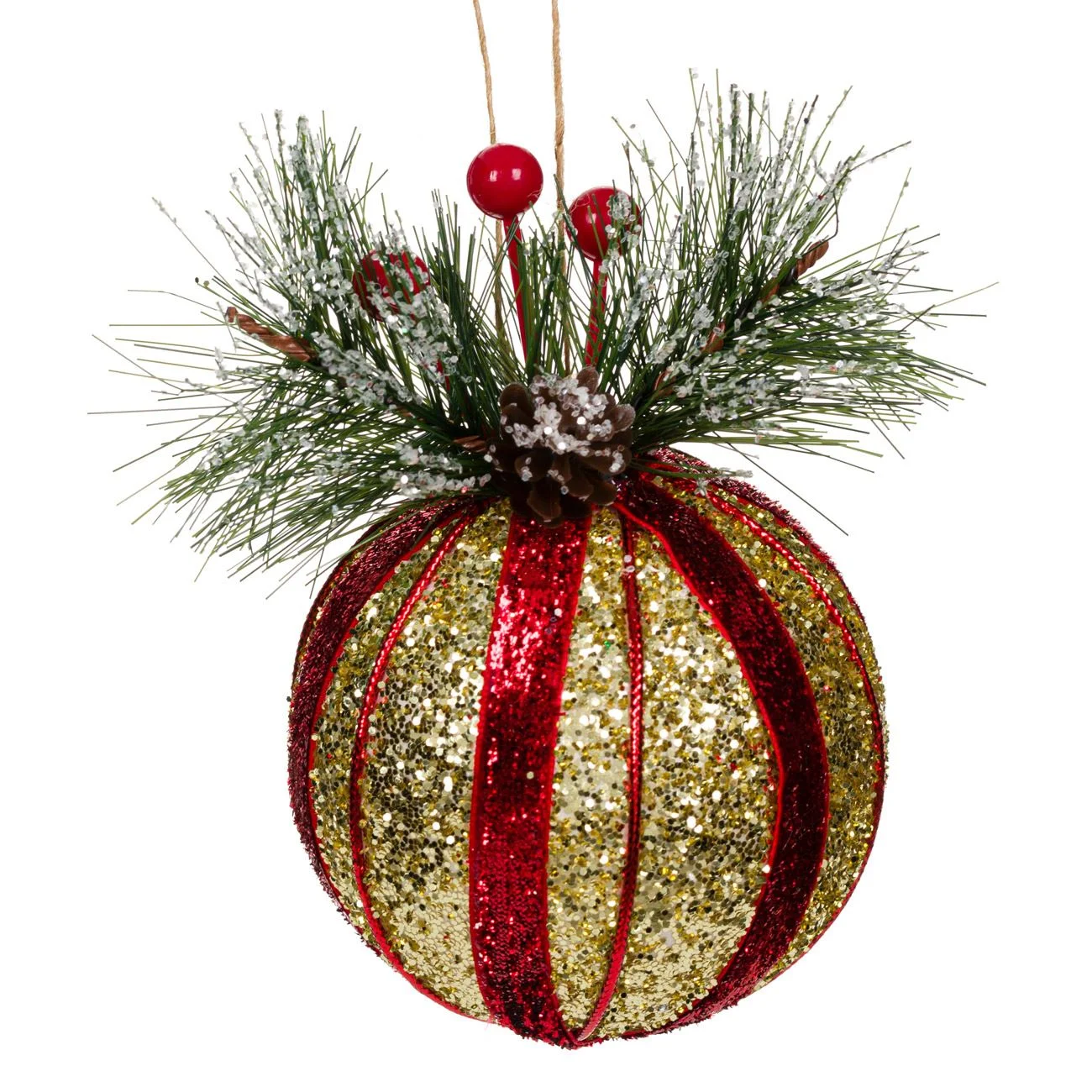 Karácsonyfa dísz csillogó arany piros csillogó fenyő ág 8 cm