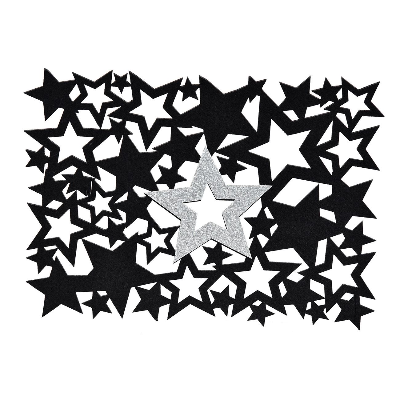 Karácsonyi tányéralátét  filc fekete ezüst csillogó csillagok 40x30cm