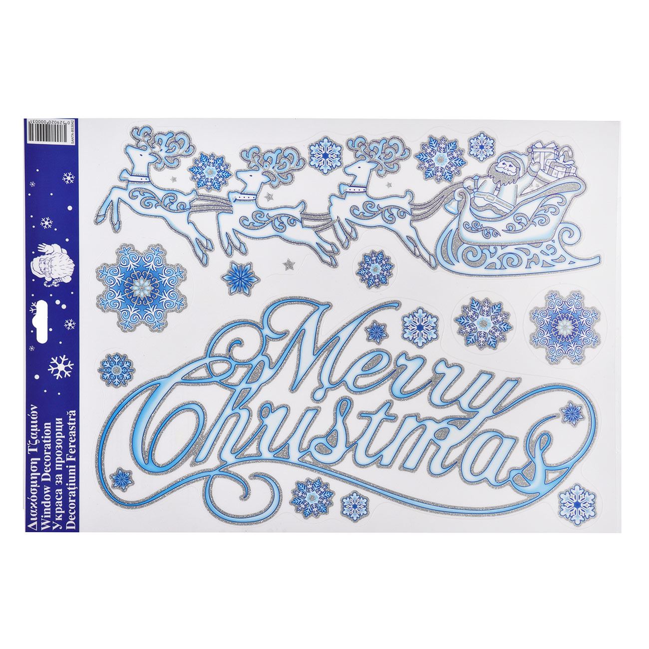 Kék csillogó karácsonyi ablakmatrica "Boldog karácsonyt" 30x42 cm
