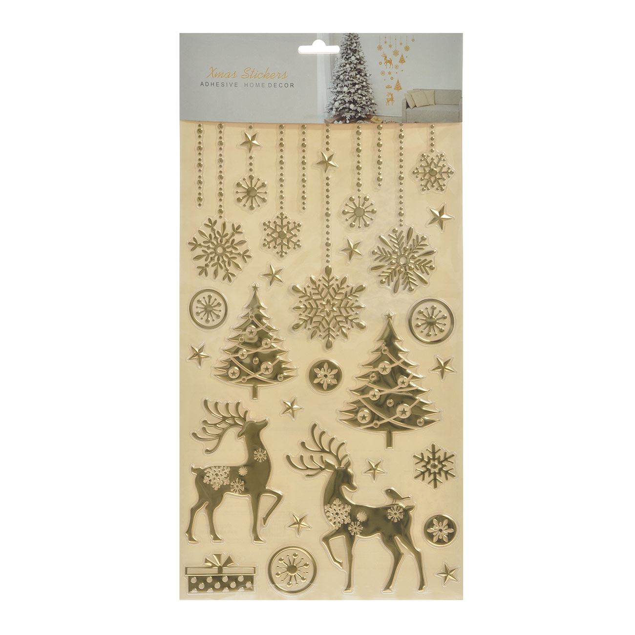 Arany karácsonyi matricák fenyőfák és rénszarvasok 24x47cm