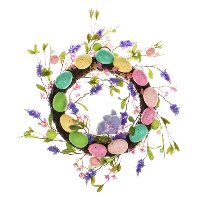 Húsvéti dekoratív koszorú színes tojással nyúllal 40cm