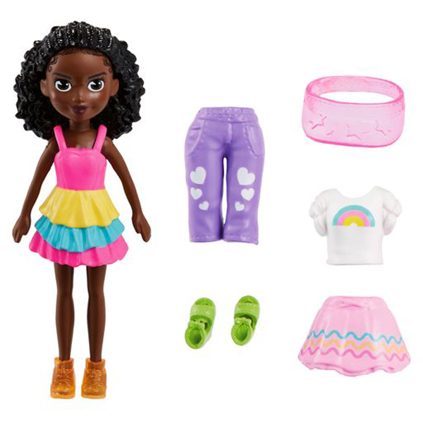 Mattel Polly Pocket -Sötét bőrű baba színes ruhában kiegészítőkkel