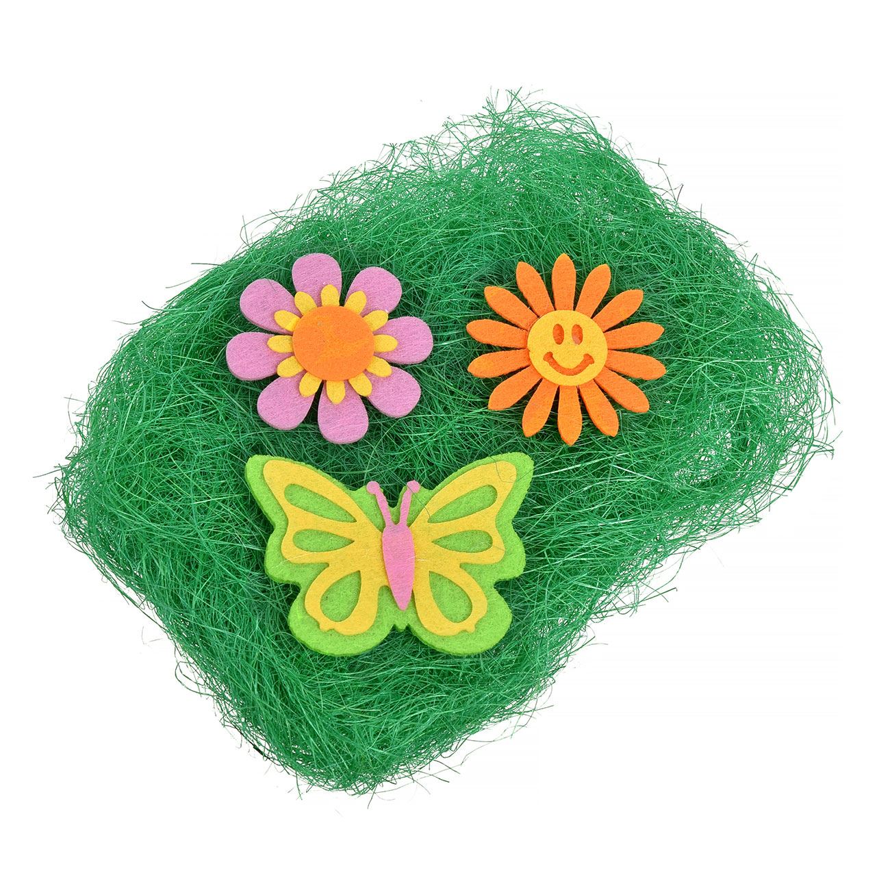 Húsvéti dekoráció Fű Zöld filc virágok & pillangó 15g