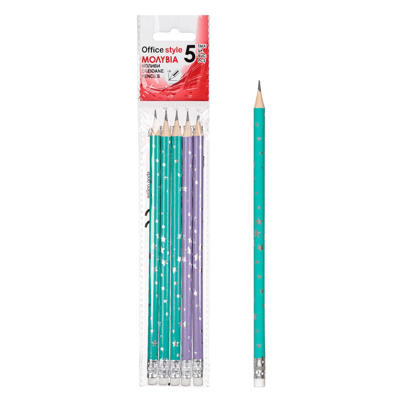 UK ceruzák radírral, lila, Veraman ezüst fólia csillagok - 5 db