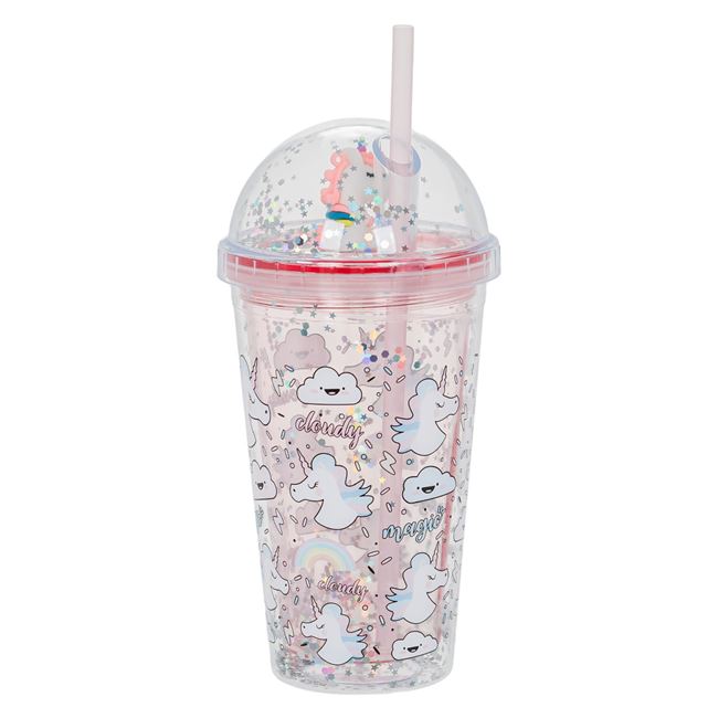 Műanyag konfettis Unikornis pohár szívószállal 475 ml