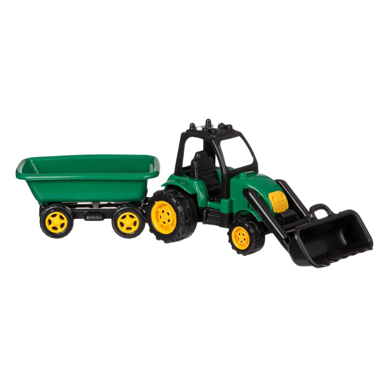 Zöld traktor jármű kotrógéppel és pótkocsival: 55cm