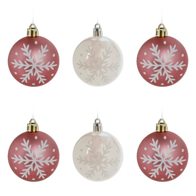 Meseszép rózsaszín karácsonyfa gömb szett csillogó pelyhekkel 6cm - 6 db