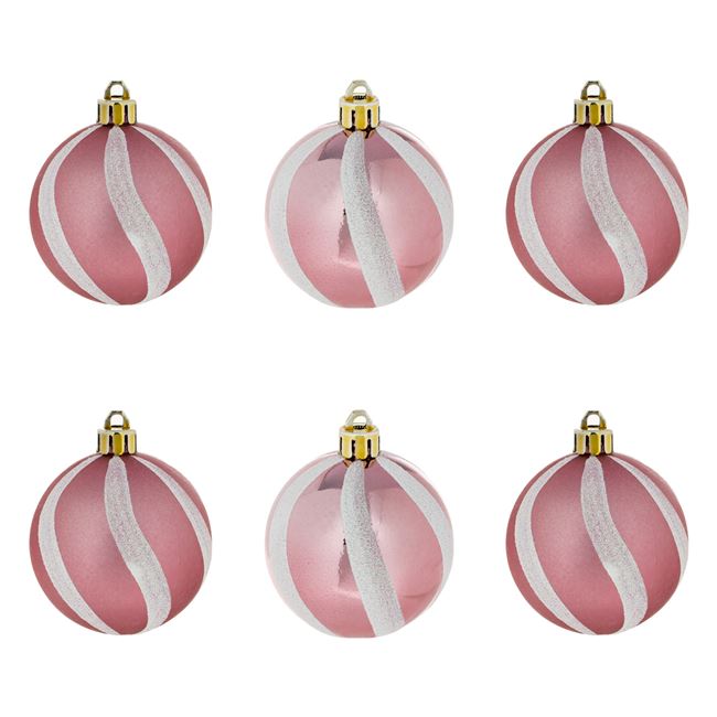 Meseszép rózsaszín csíkos karácsonyfa gömb készlet 6 cm - 6 db