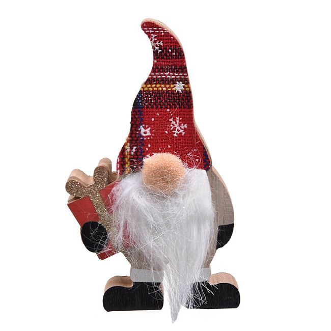 Karácsonyi fa dekoratív figura Gnóm kockás kalap ajándékokkal 15cm