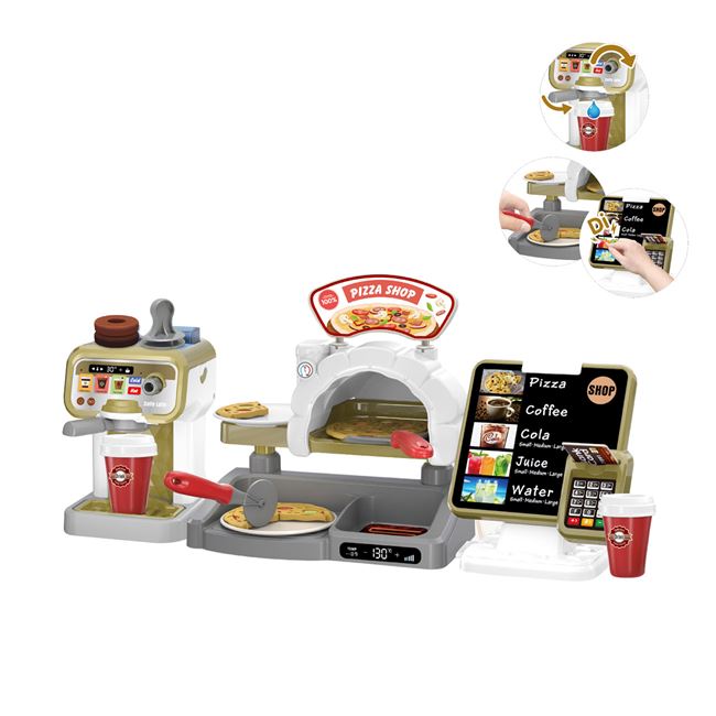 Pizzéria játékkészlet pénztárgéppel, kávéfőzővel és hangokkal