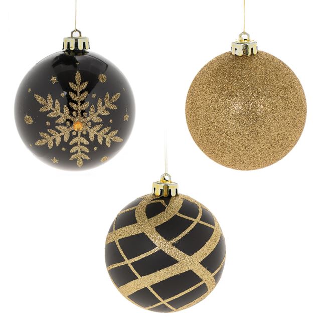 Arany, fekete, hópihés karácsonyfa gömb dísz 8cm - 6 db