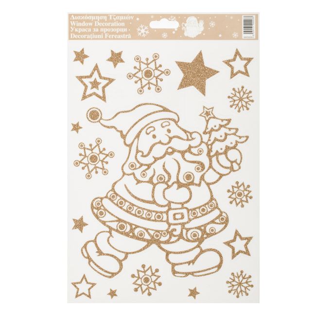 Dekoratív karácsonyi matrica Mikulás hópelyhek csillogó bronzzal 20x30cm