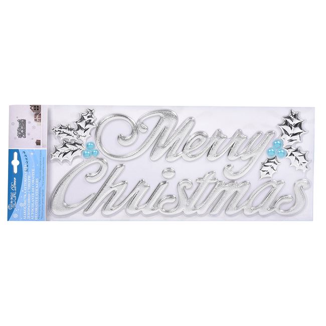 Dekoratív karácsonyi matrica "Merry Christmas" ezüst és fagyöngy, 38.5x16cm