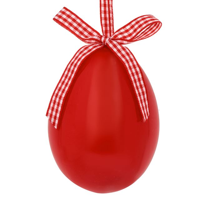 Piros dekoratív húsvéti tojás kockás szalaggal 10cm