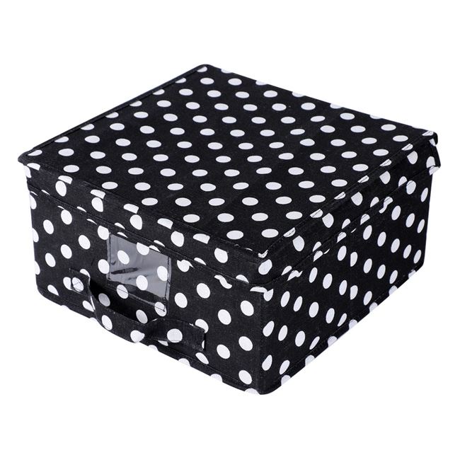 Fekete textil tároló doboz Fehér pöttyös tetővel 30x30x16cm