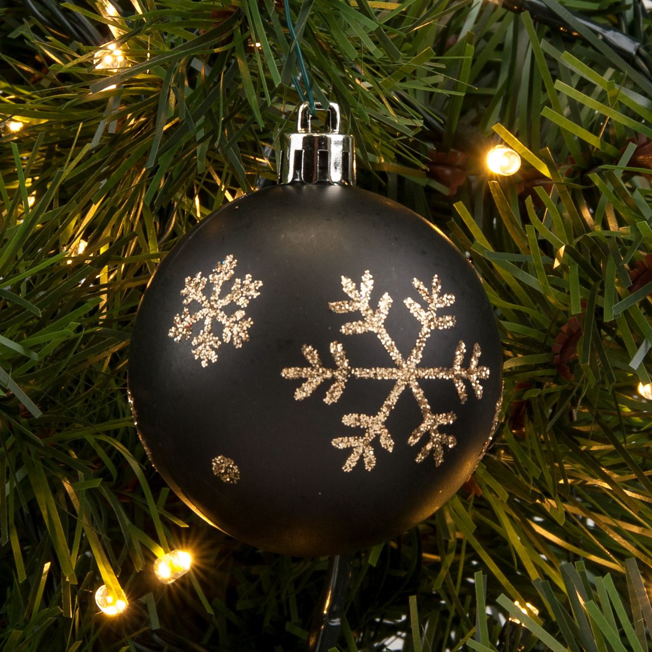 6 db Fekete/Arany hópelyhes gömb karácsonyfa dísz 6 cm