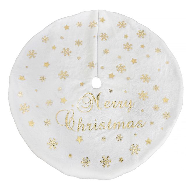 Karácsonyfatalp takaró Fehér szőrme arany felirattal 90 cm