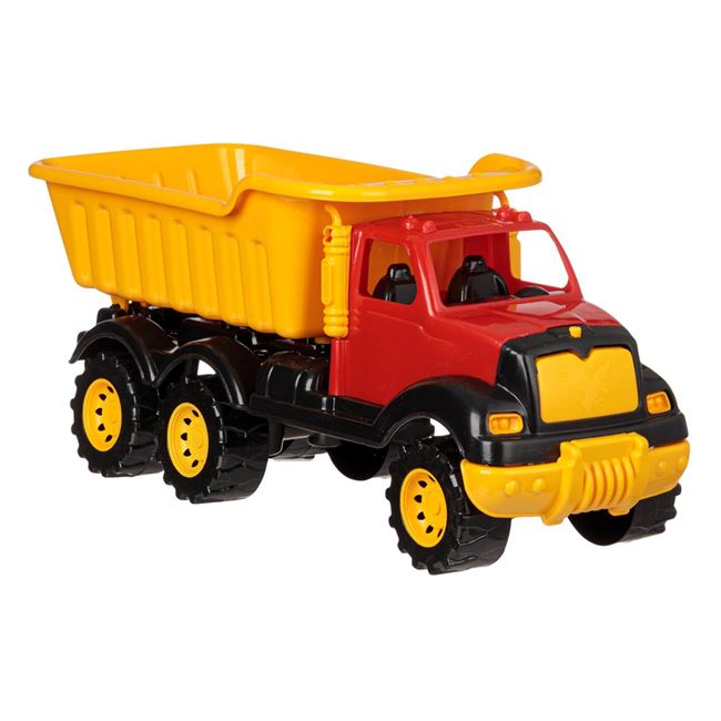 Építőipari jármű billenőplatós teherautó sárga piros 42cm